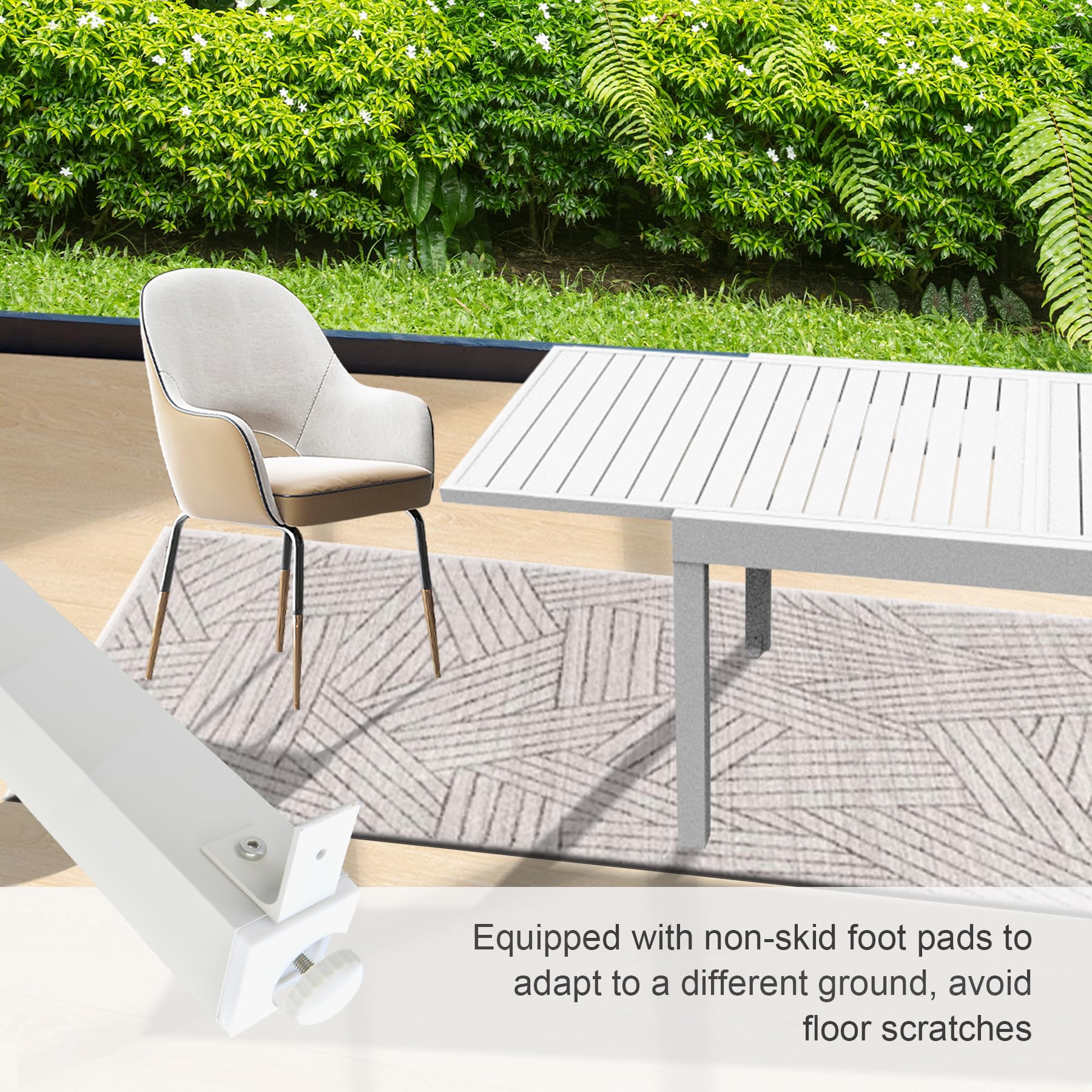 Modern outdoor dining chair with light gray upholstery and tan accents