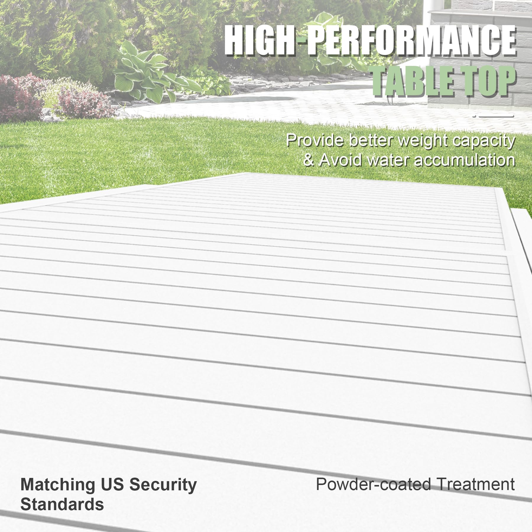 White slatted tabletop with powdercoated treatment