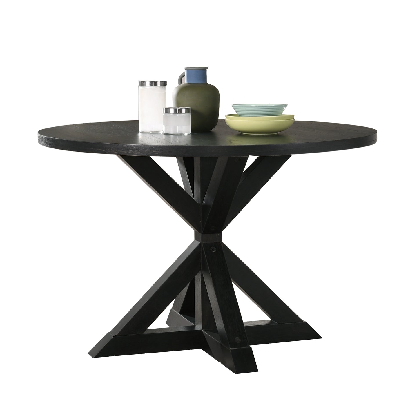 Black round dining table with pedestal base