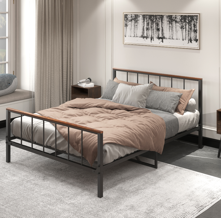 Queen size metal bed frame with wood accents