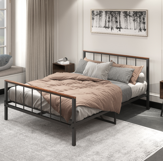 Queen size metal bed frame with wood accents