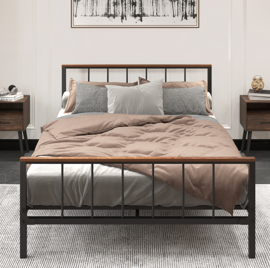 Industrial metal bed frame with wood accents queen size black and walnut finish for bedroom decor