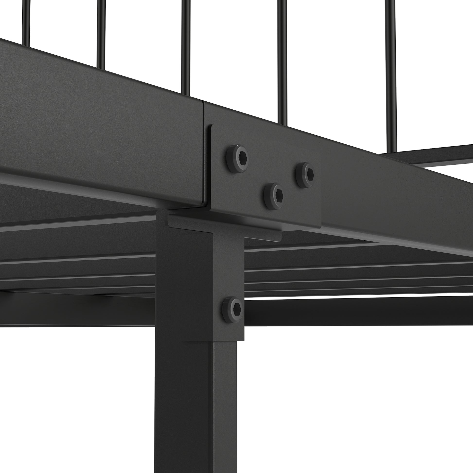 Black metal bed frame joint detail with hex bolts
