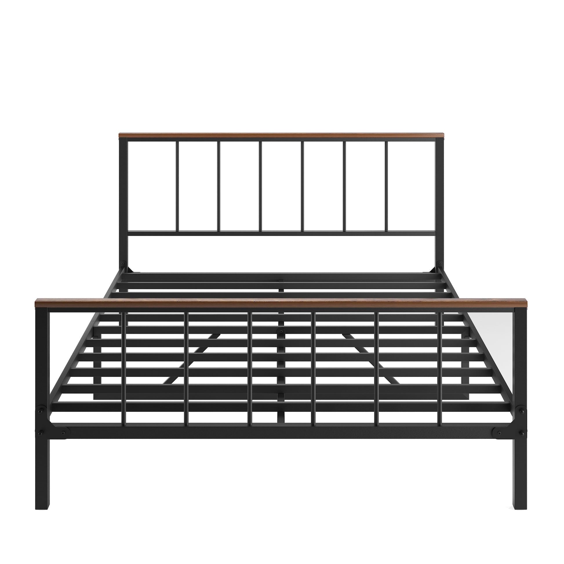 Industrial style black metal bed frame with wood accents