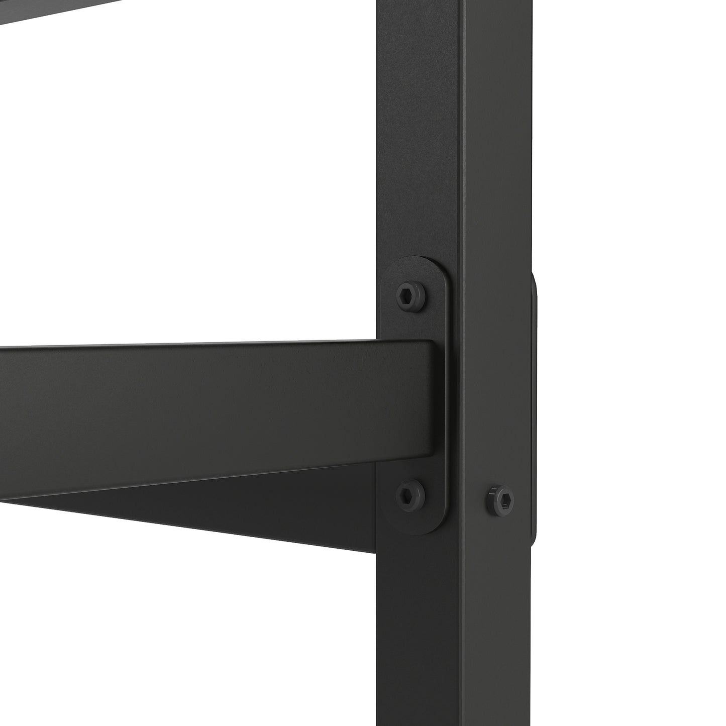 Black metal shelving unit support bracket with visible bolt heads