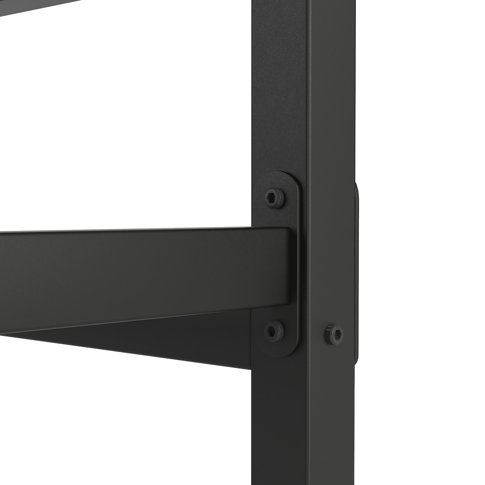 Black metal shelving unit support bracket with visible bolt heads