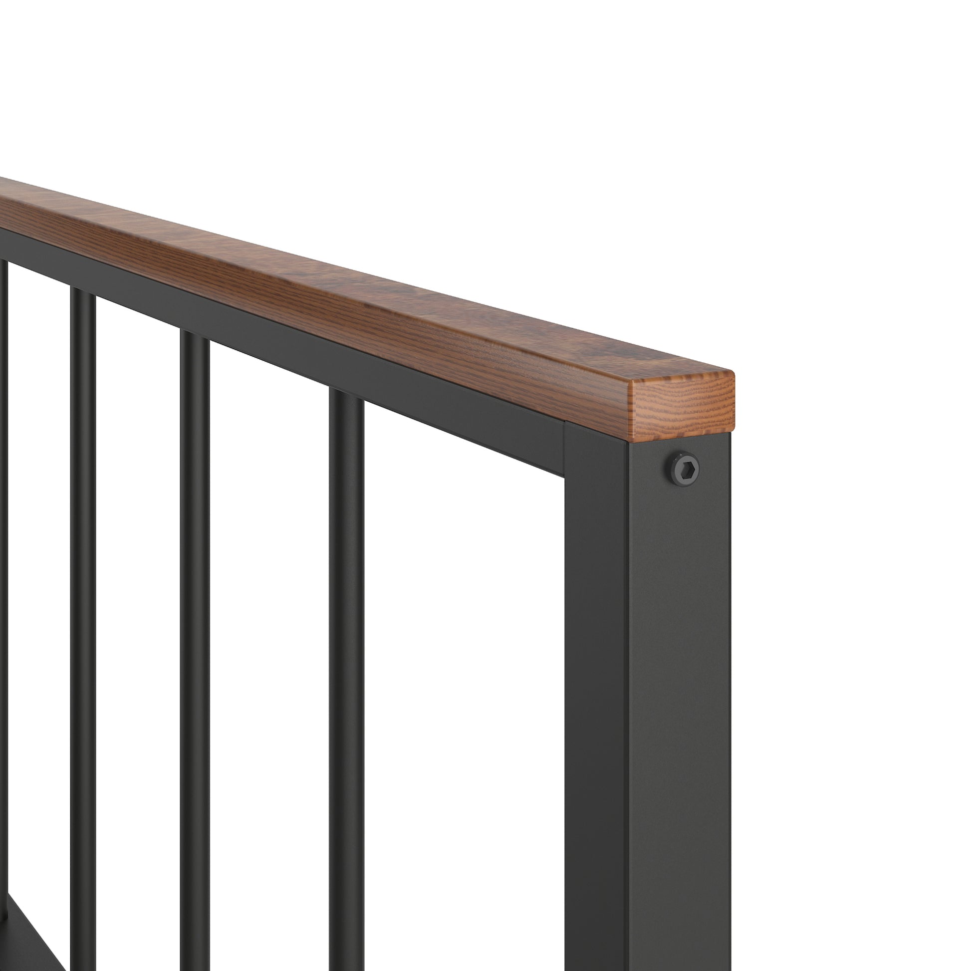 Modern railing with black metal posts and oak wood top