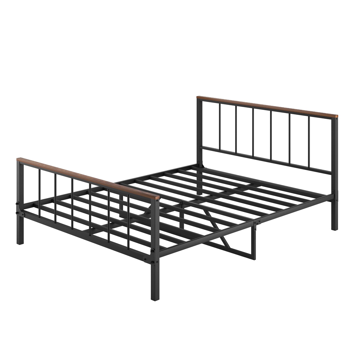 Modern black metal bed frame with walnut wood headboard accents