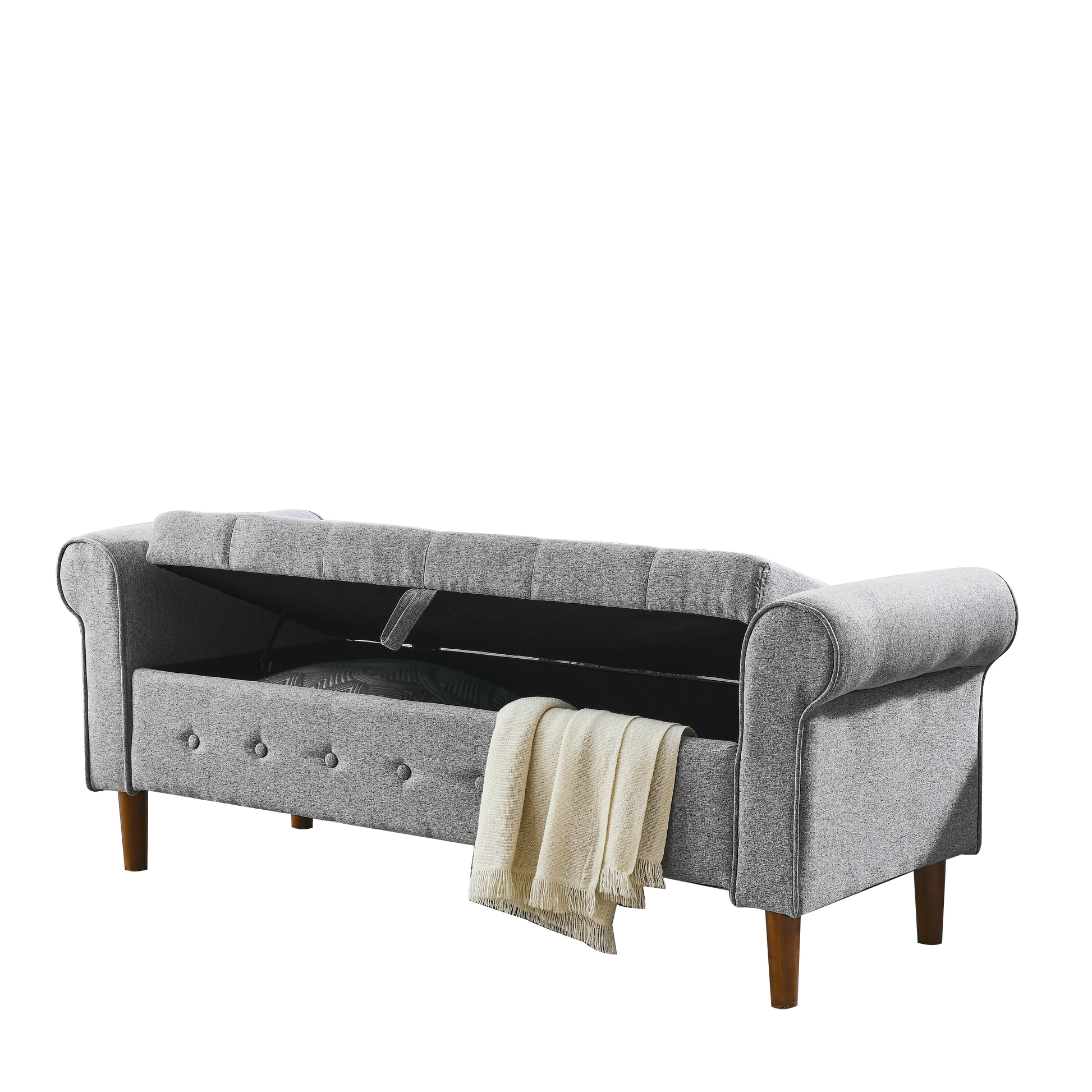 Gray storage bench with tufted detailing and rolled arms