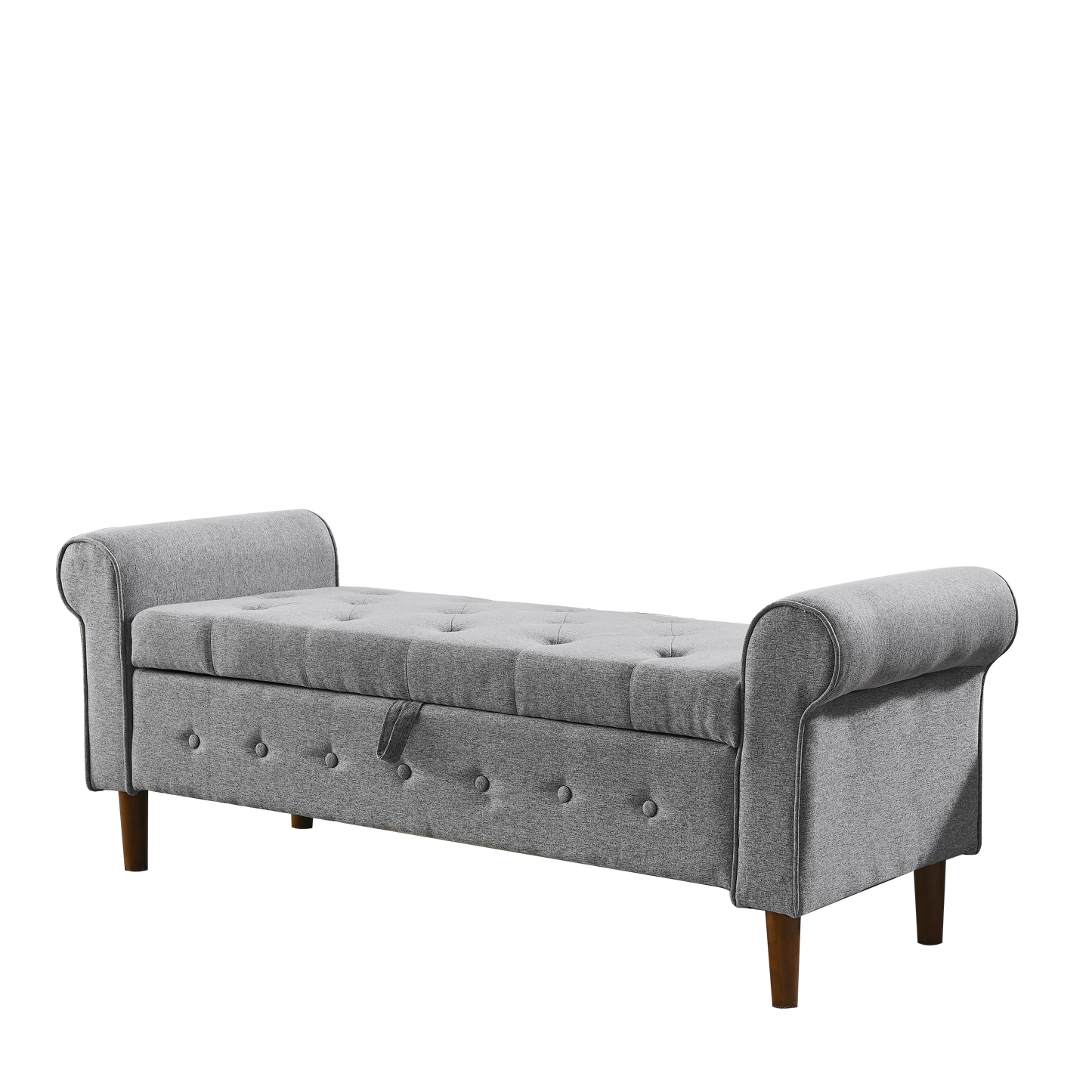 Tufted grey fabric storage bench with rolled arms and wooden legs