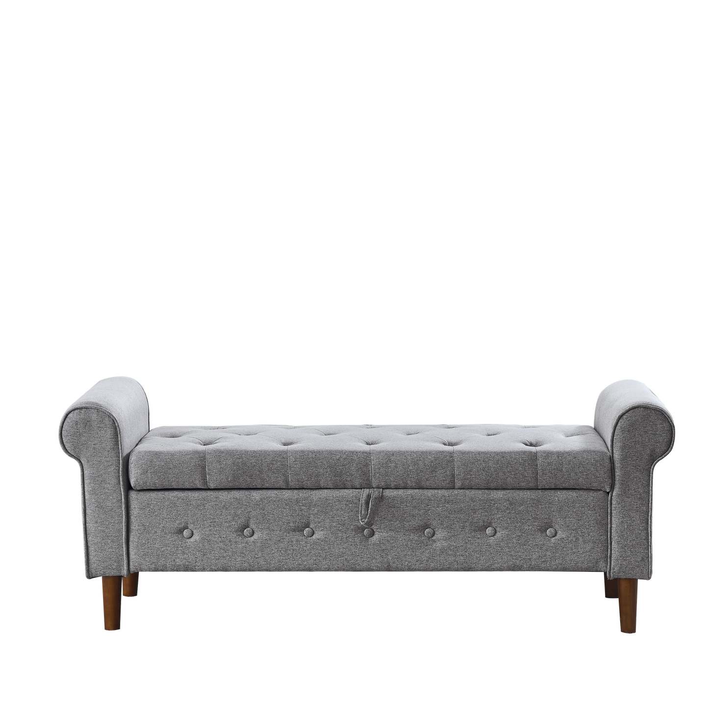 Grey fabric storage ottoman bench with tufted seat and wooden legs