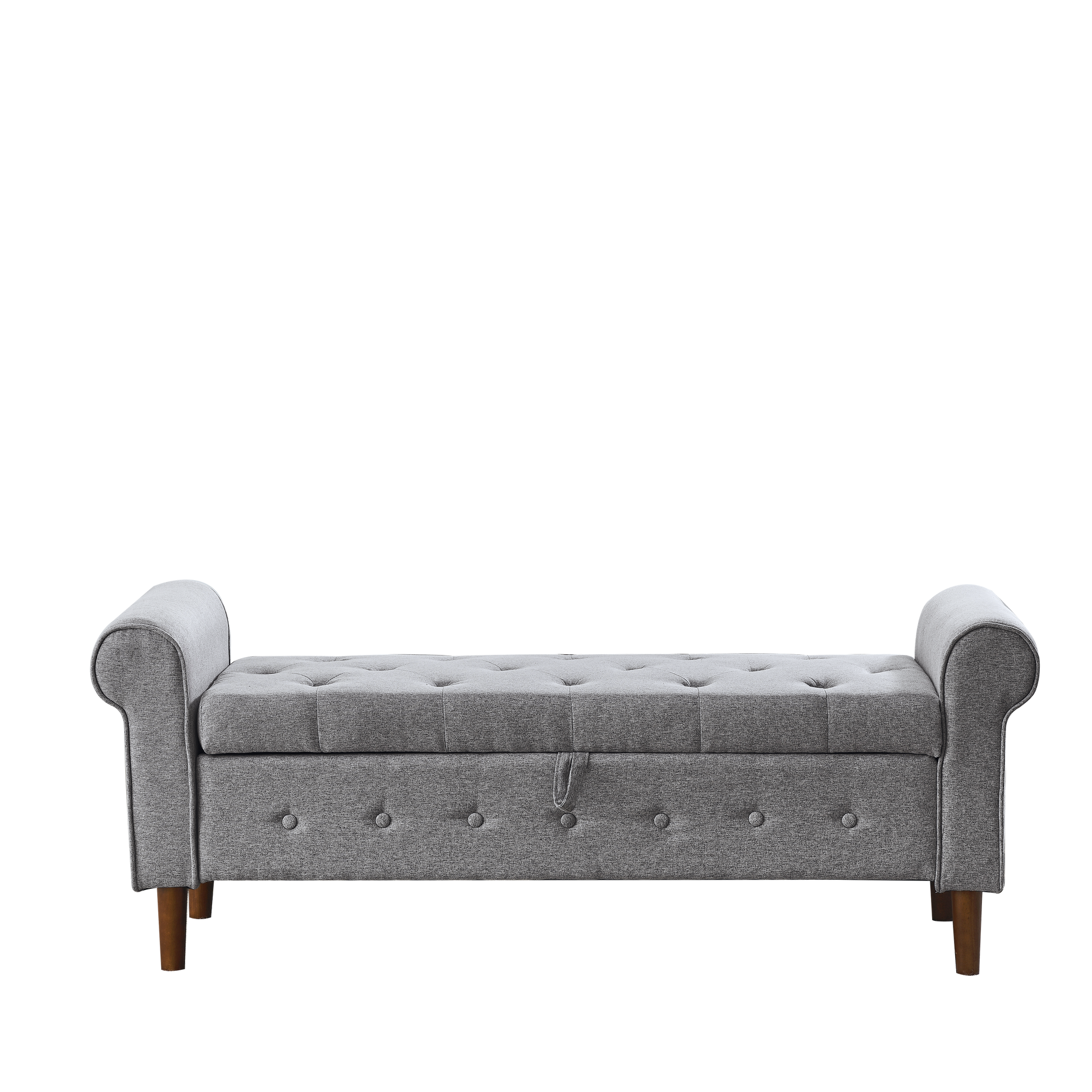 Grey fabric storage ottoman bench with tufted seat and wooden legs