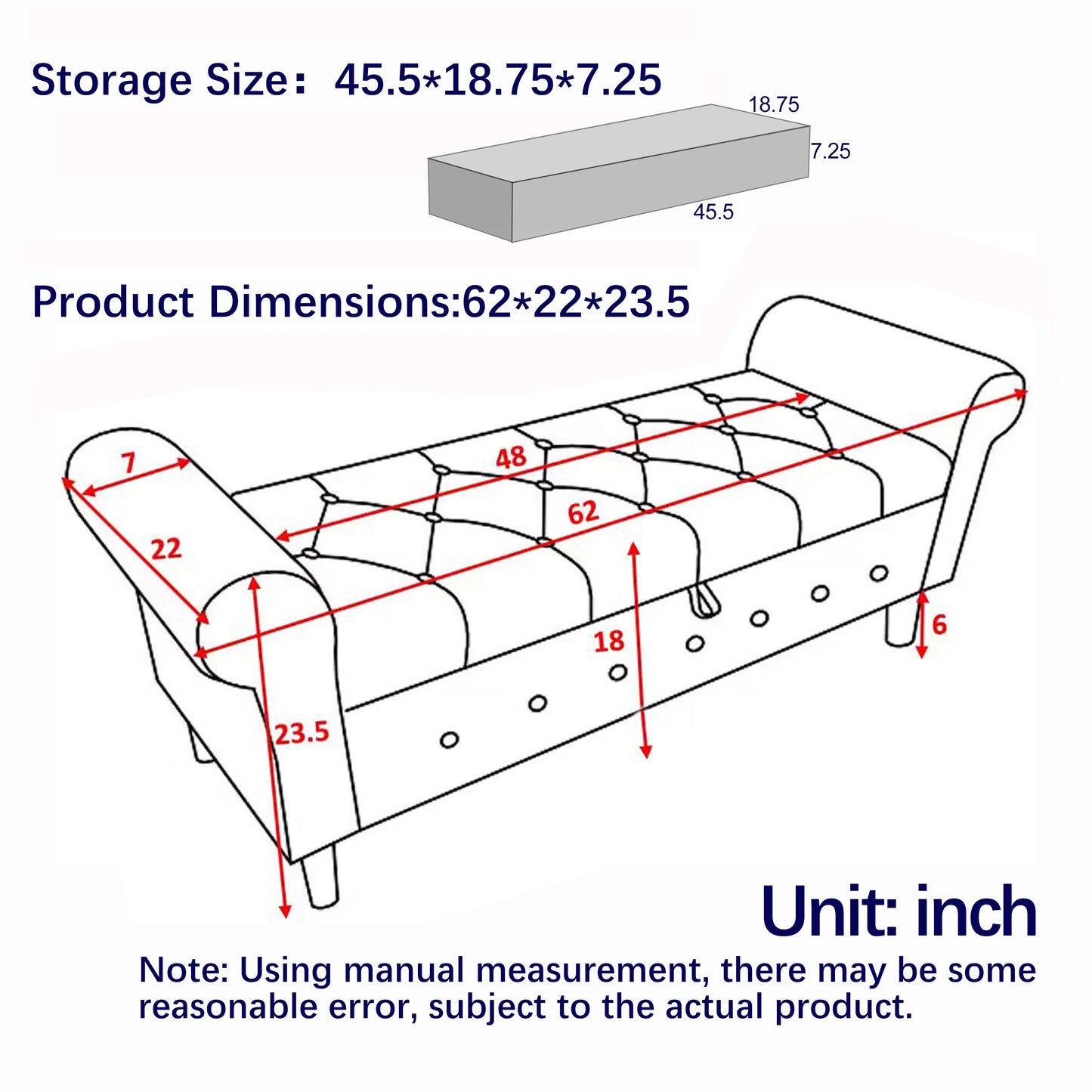 Modern Fabric Upholstered Storage Bench with Rolled Arms - Grey