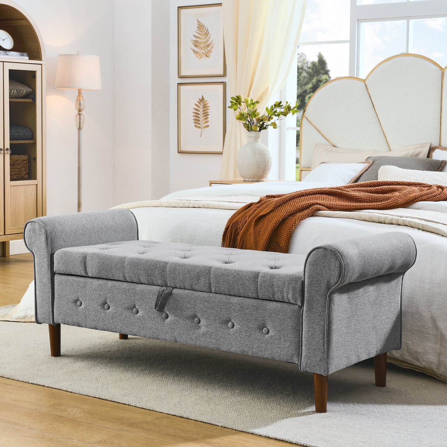 Modern Fabric Upholstered Storage Bench with Rolled Arms - Grey