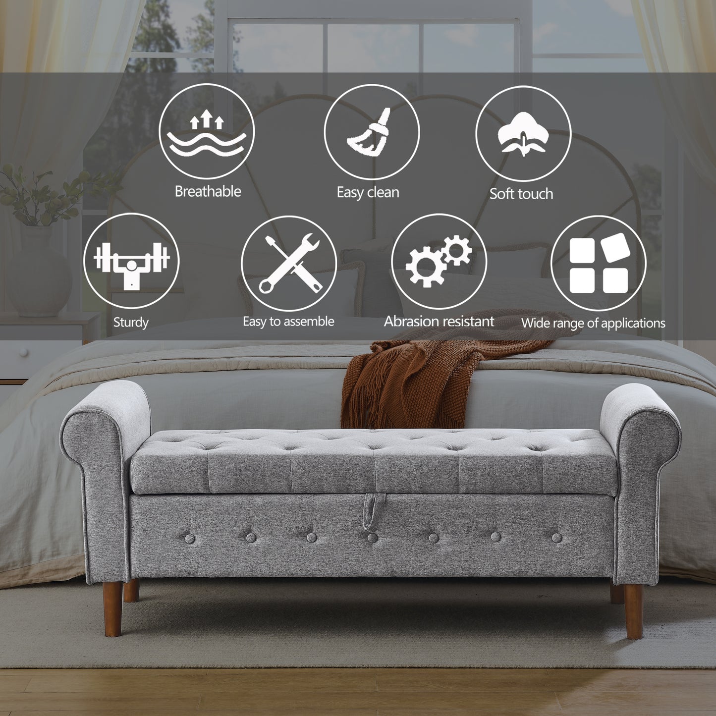 Modern Fabric Upholstered Storage Bench with Rolled Arms - Grey