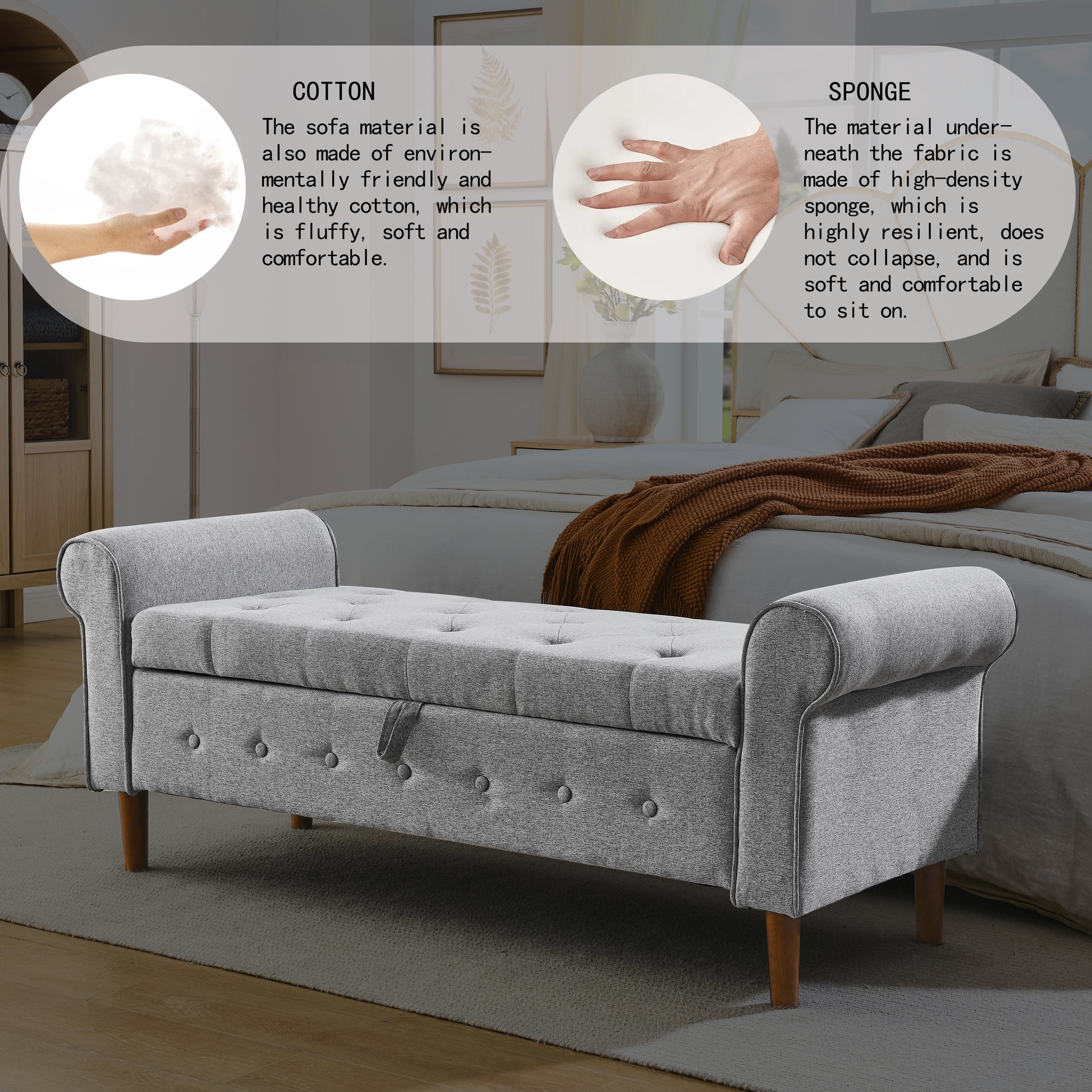 Tufted grey storage bench with wooden legs and rolled arms