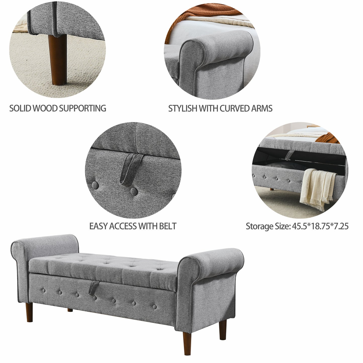 Modern Fabric Upholstered Storage Bench with Rolled Arms - Grey