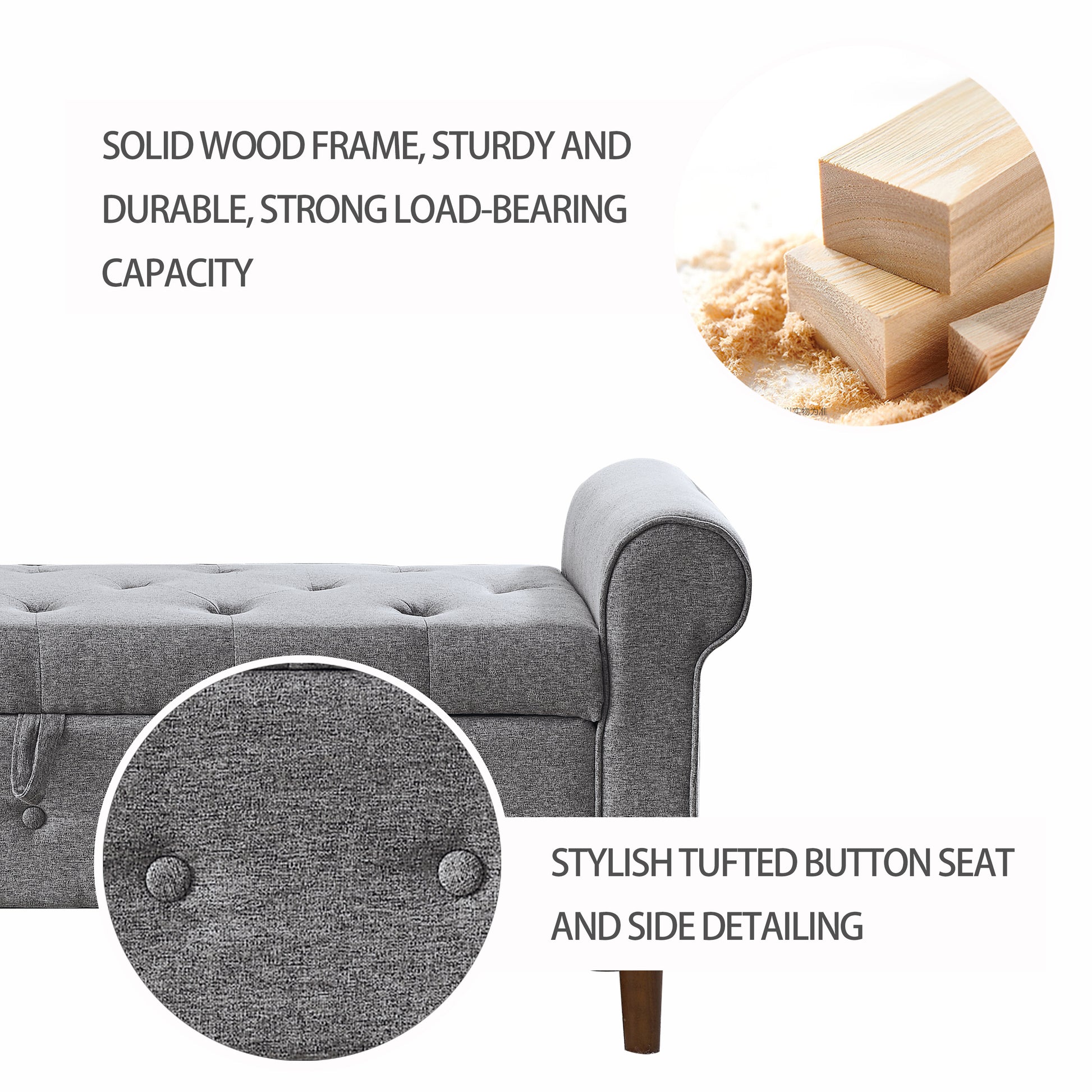 Gray upholstered storage bench with tufted buttons and rolled arms