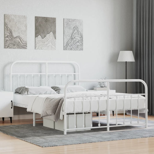 White metal platform bed frame with ornate detailing and a mattress set