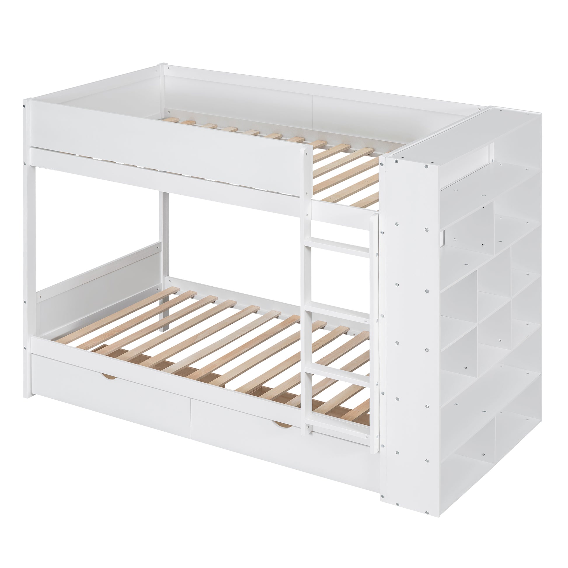 White wooden bunk bed with integrated staircase storage and drawers
