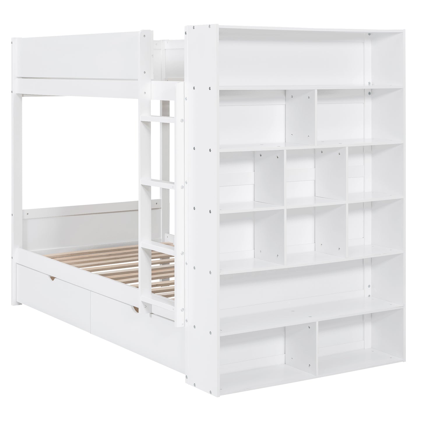 White bunk bed with integrated shelving and storage drawers