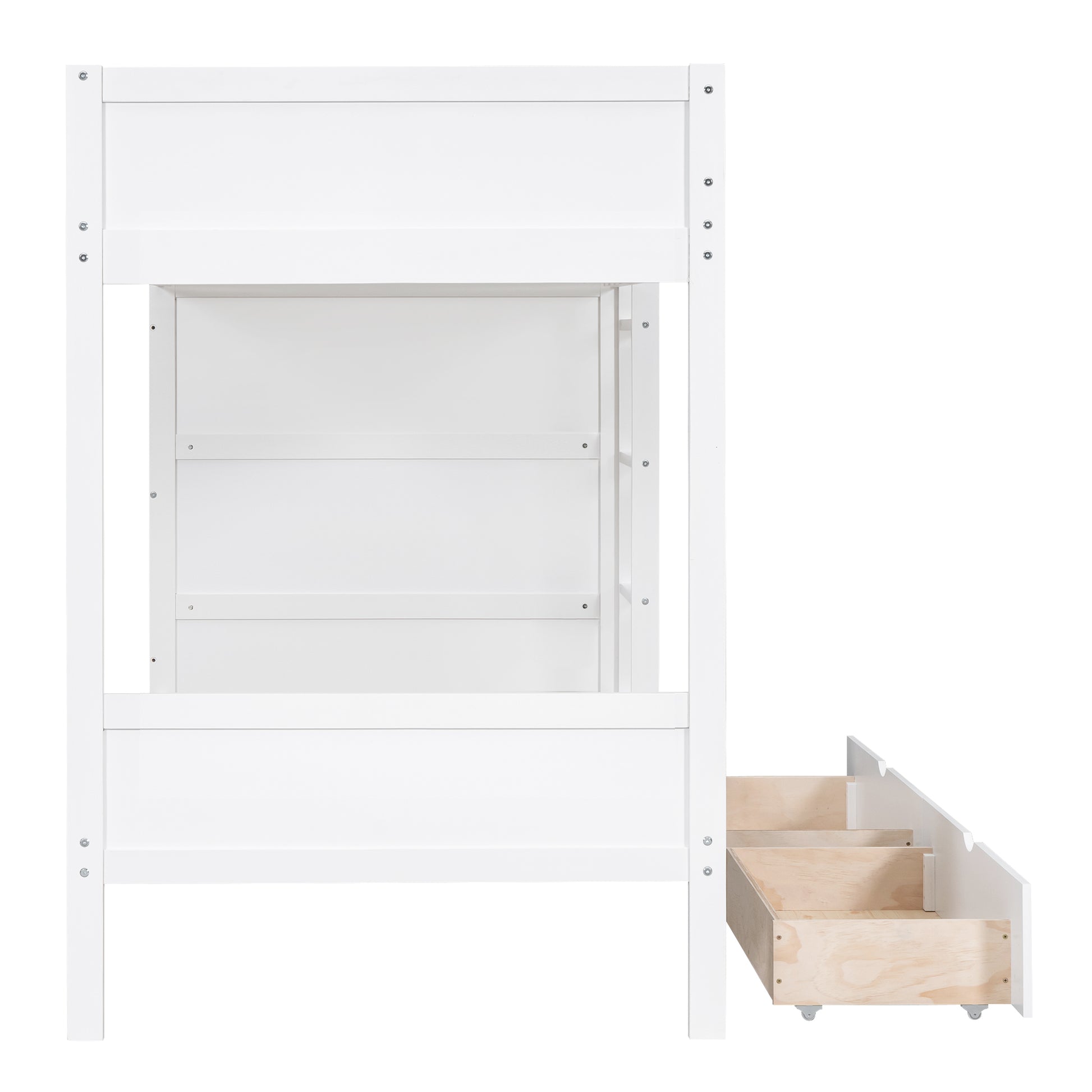 White twin bunk bed with integrated stair drawers