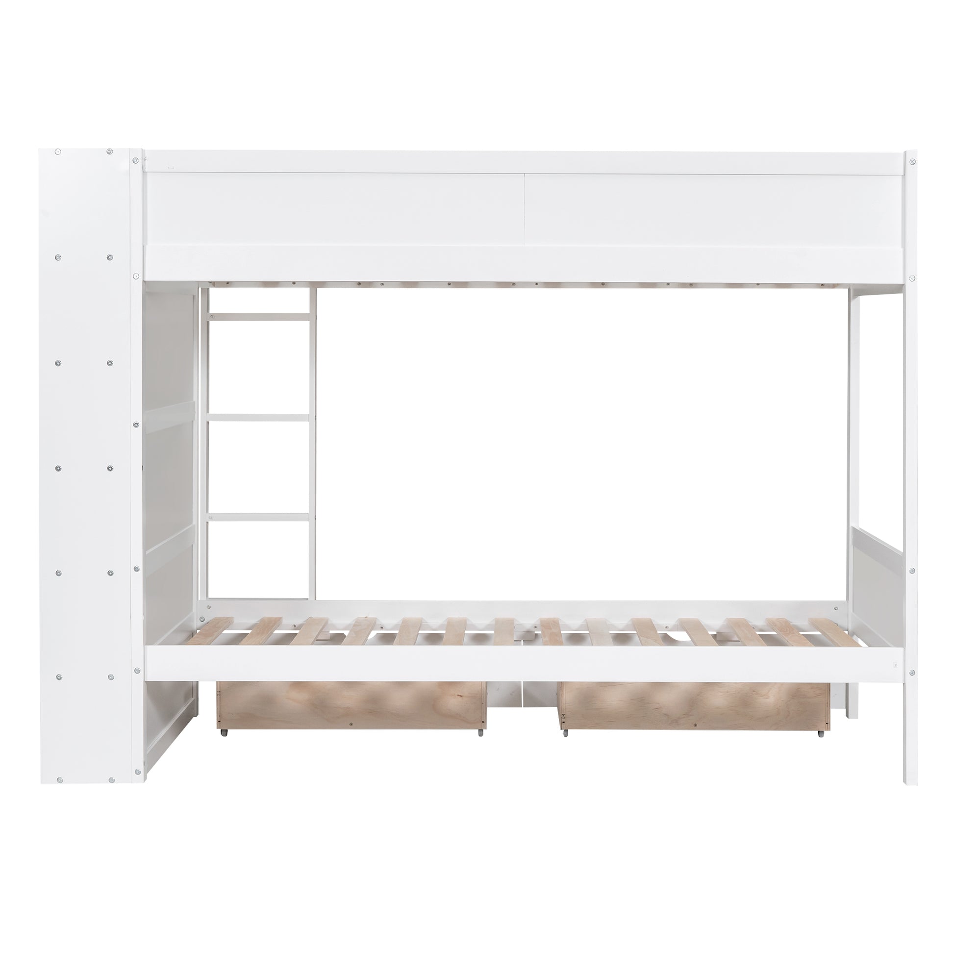 White bunk bed with integrated ladder and two drawers for kids
