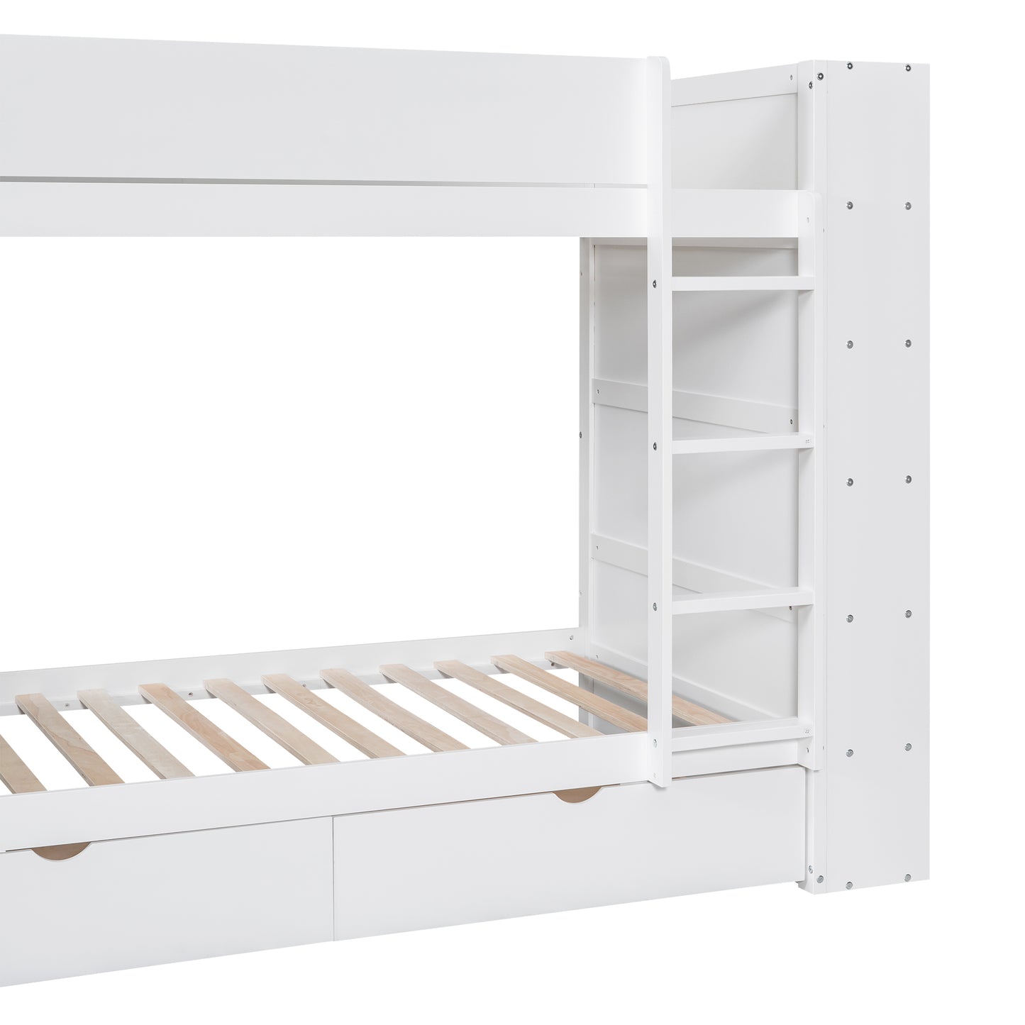 White wooden bunk bed with integrated ladder and storage drawers