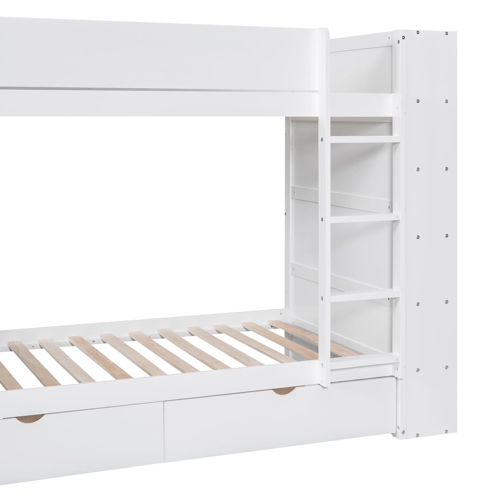 White wooden bunk bed with integrated ladder and storage drawers