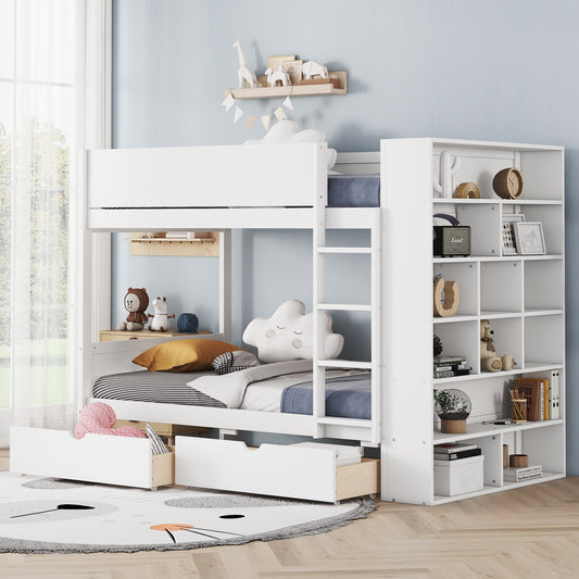 White bunk bed with drawers and integrated shelving