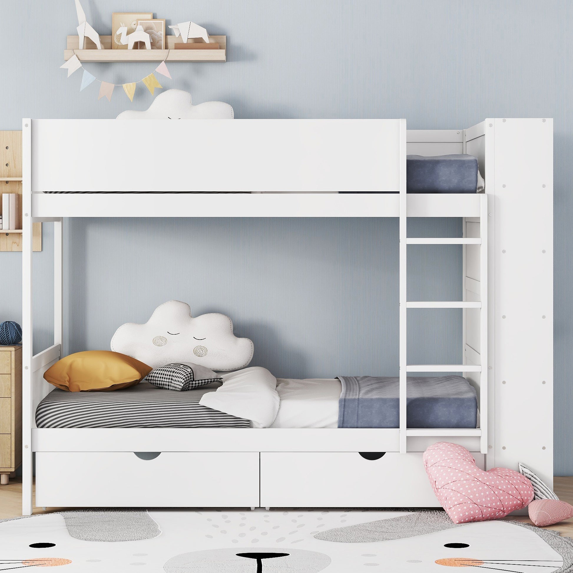 White wooden bunk bed with drawers for kids room