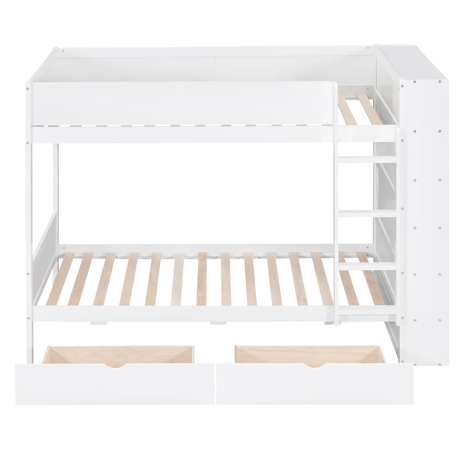 White wooden bunk bed with two drawers