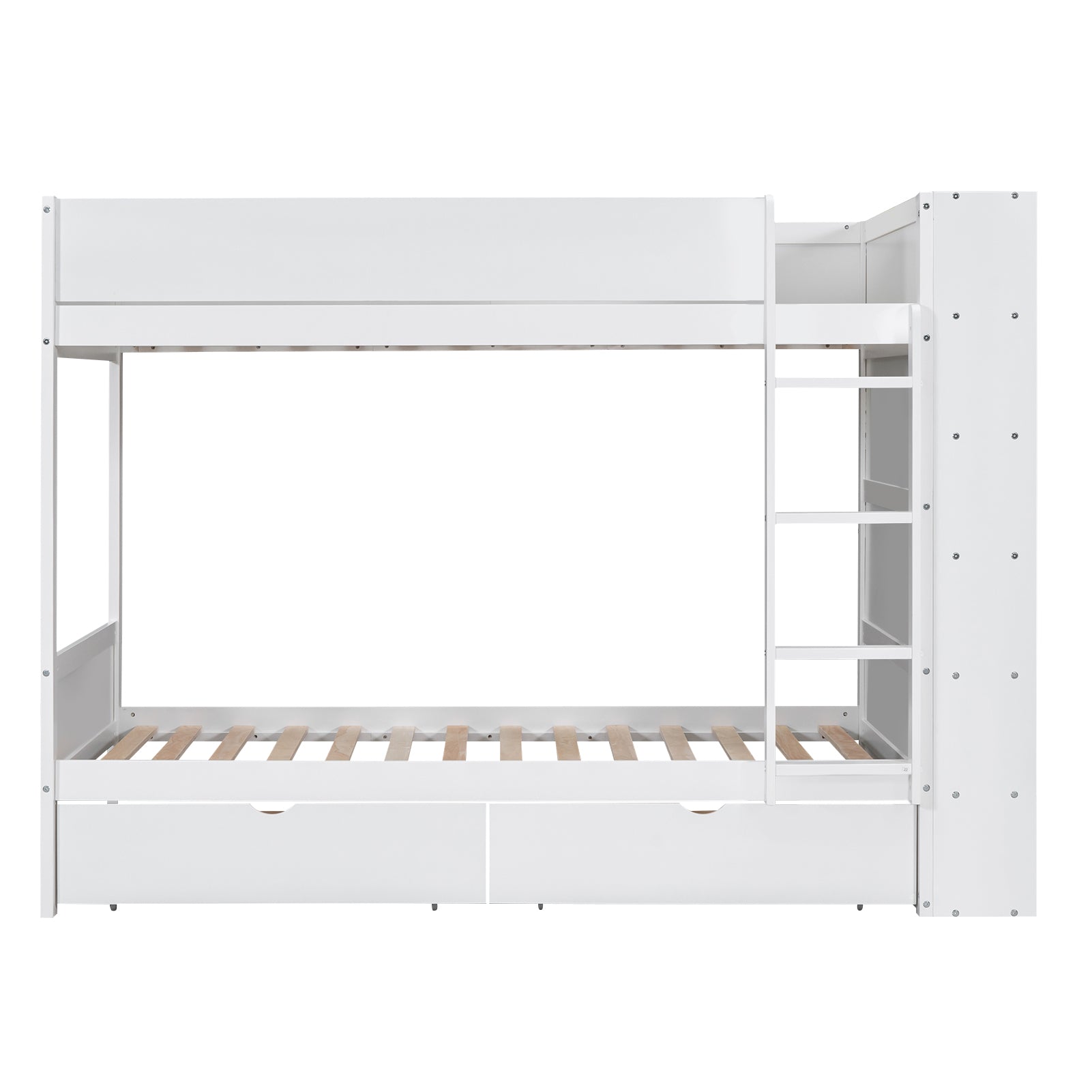 White wooden bunk bed with ladder and two drawers for kids room