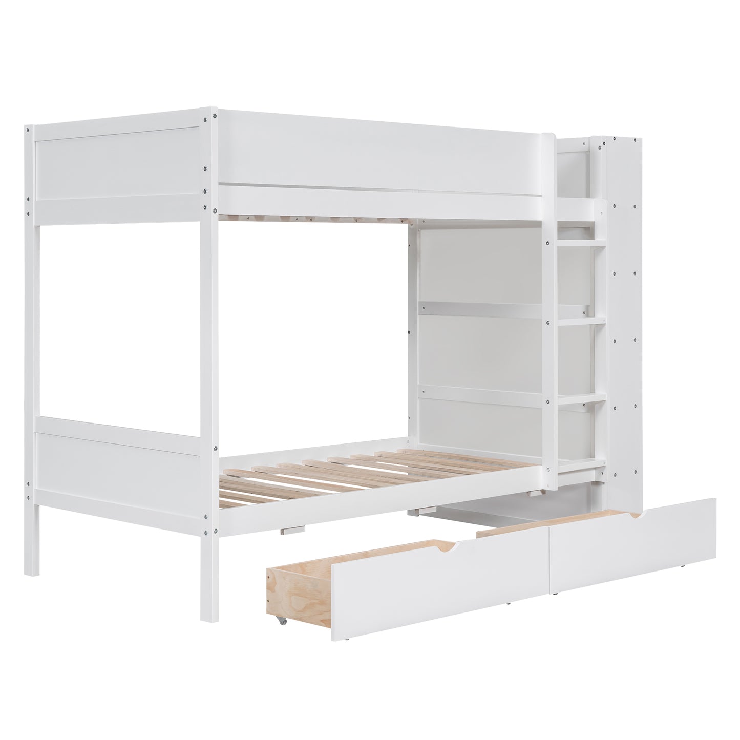 White wooden bunk bed with builtin drawers