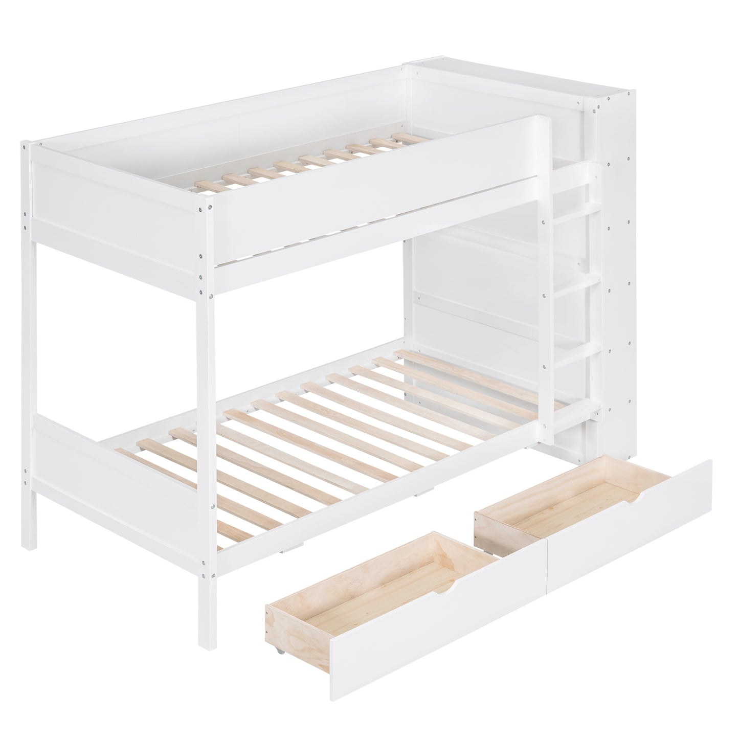 White wooden bunk bed with drawers