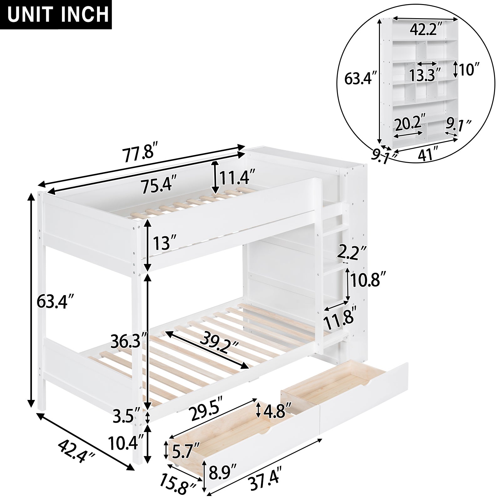 White twin over twin bunk bed with dimensions and storage drawers perfect for kids rooms