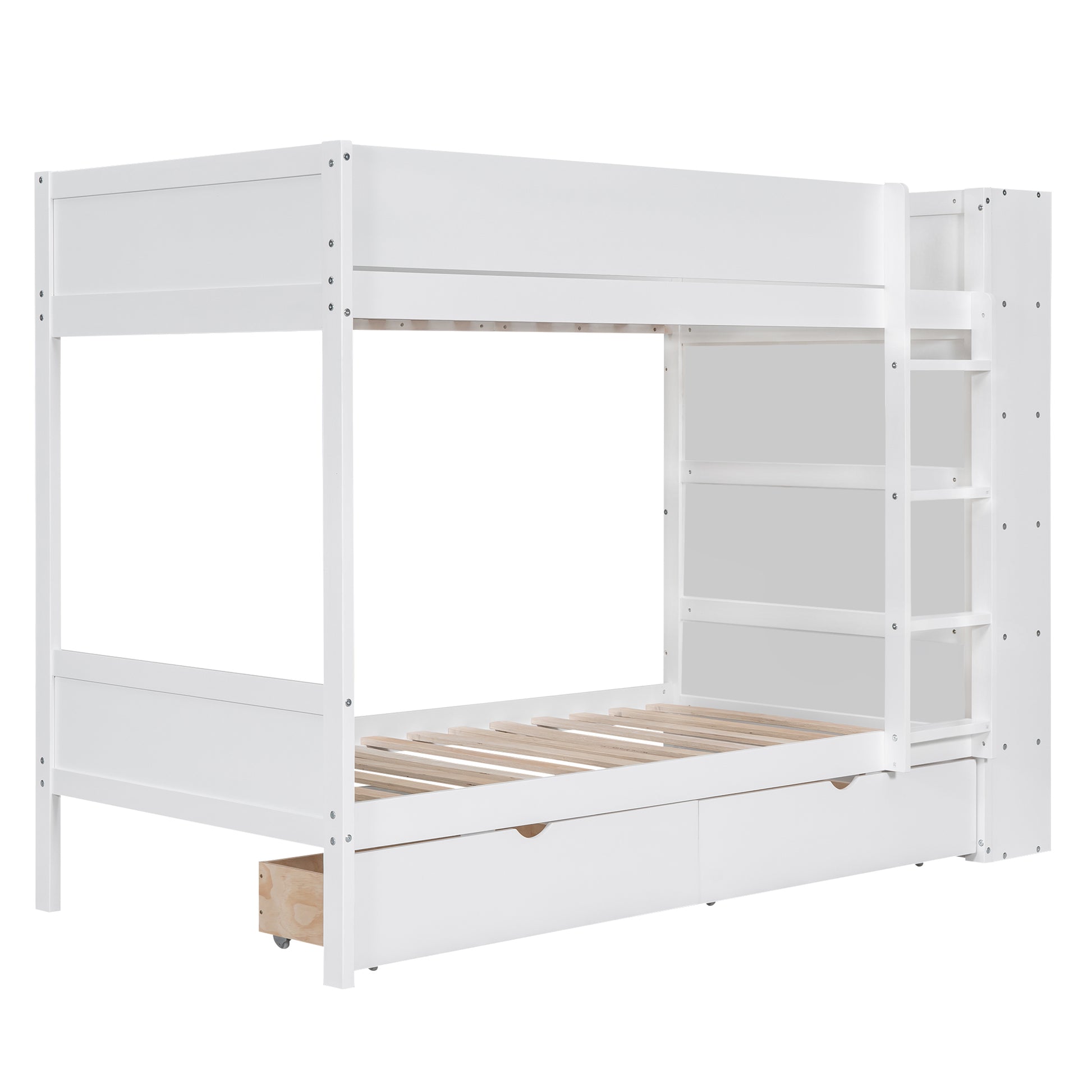 White wooden bunk bed with integrated drawers and shelves for kids
