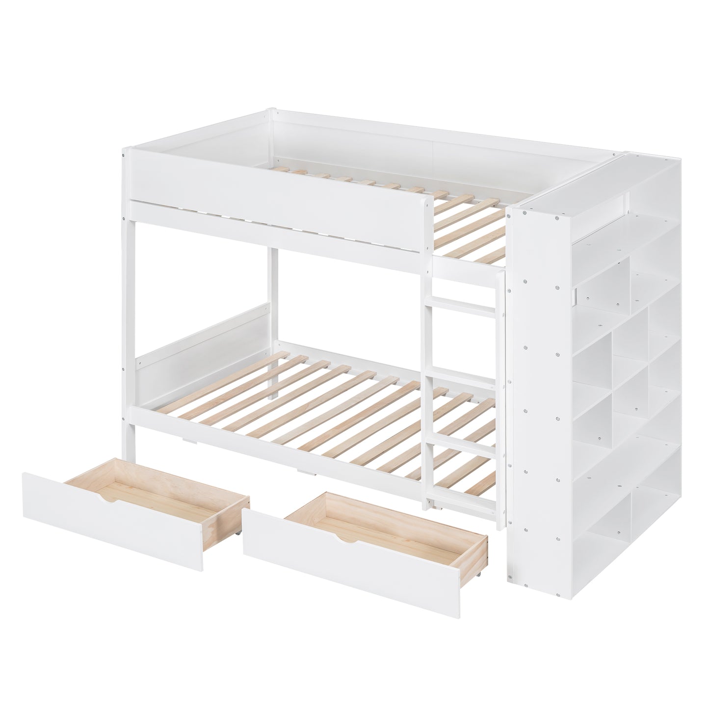 White bunk bed with shelves and drawers