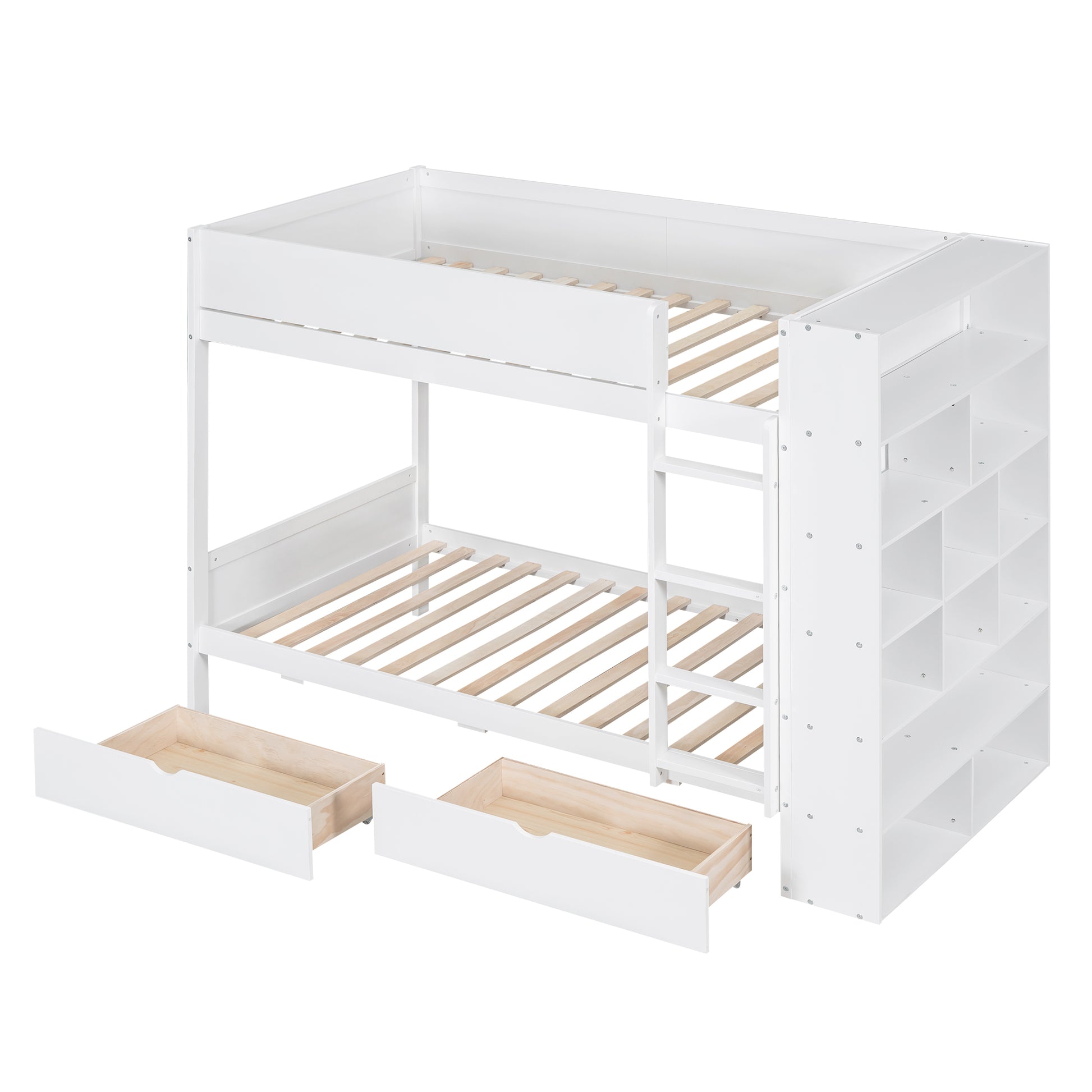 White bunk bed with shelves and drawers