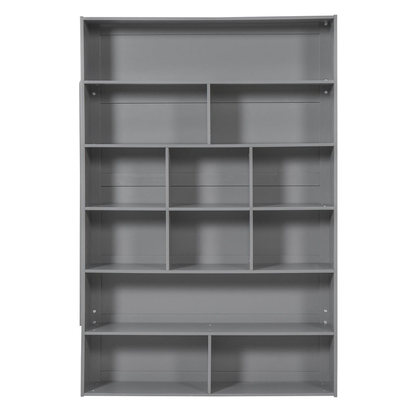 Modern gray bookshelf with multiple adjustable shelves