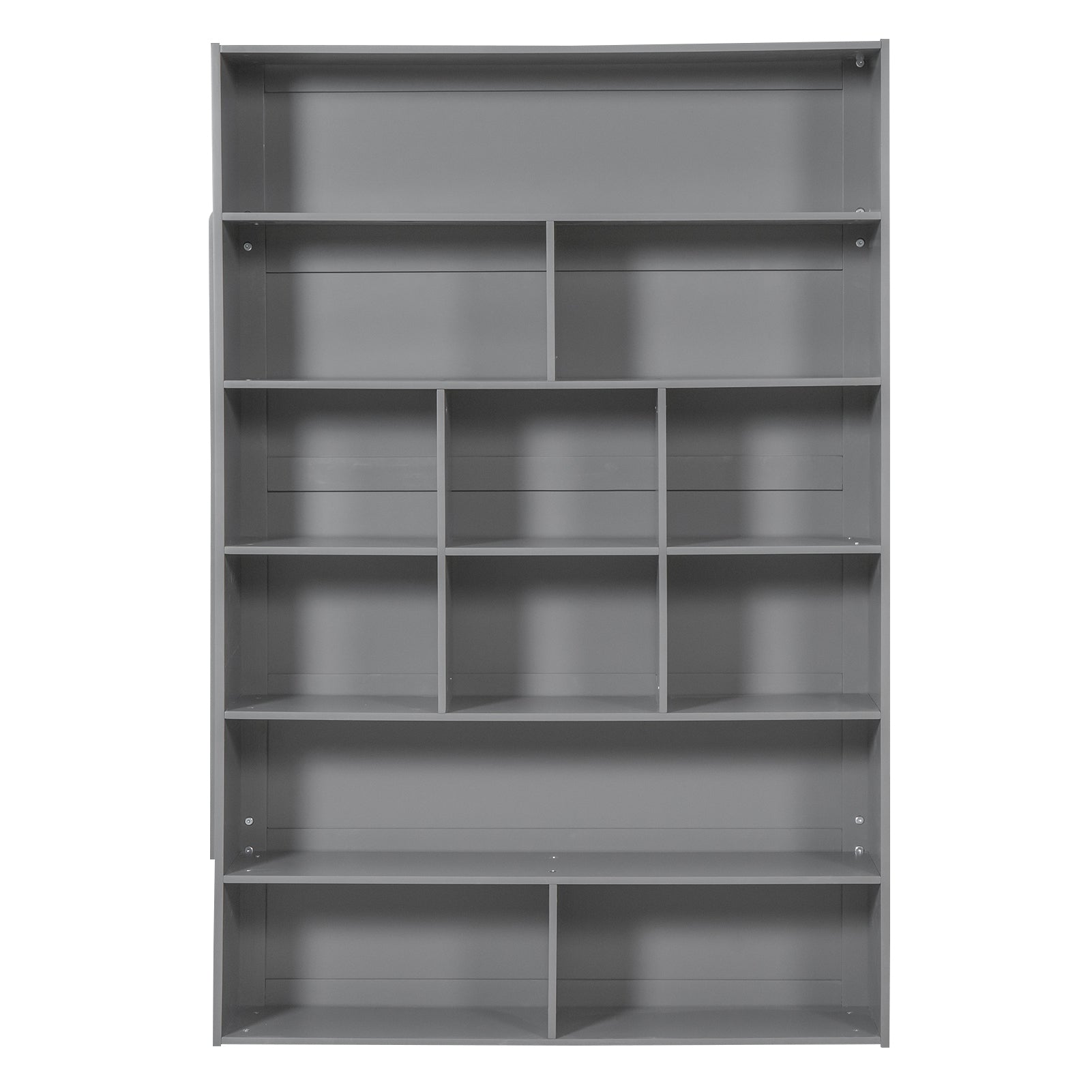 Modern gray bookshelf with multiple adjustable shelves