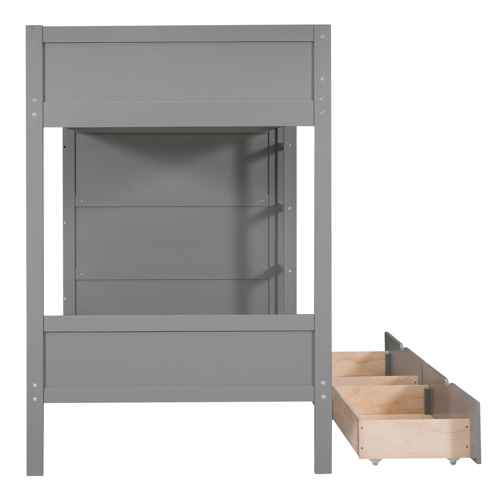 Gray wooden bunk bed frame with three exposed storage drawers