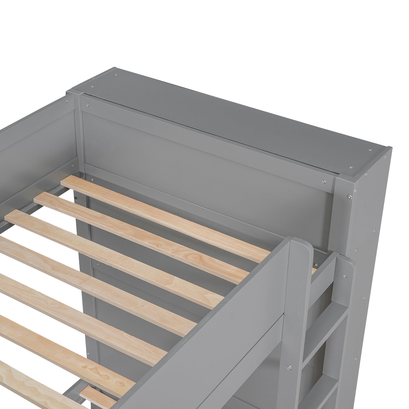 Closeup of a grey wooden bunk bed frame with natural wood slats showing construction detail