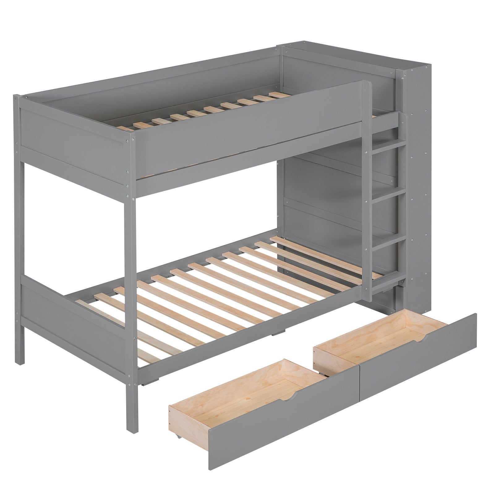 Gray wooden bunk bed with two drawers and ladder