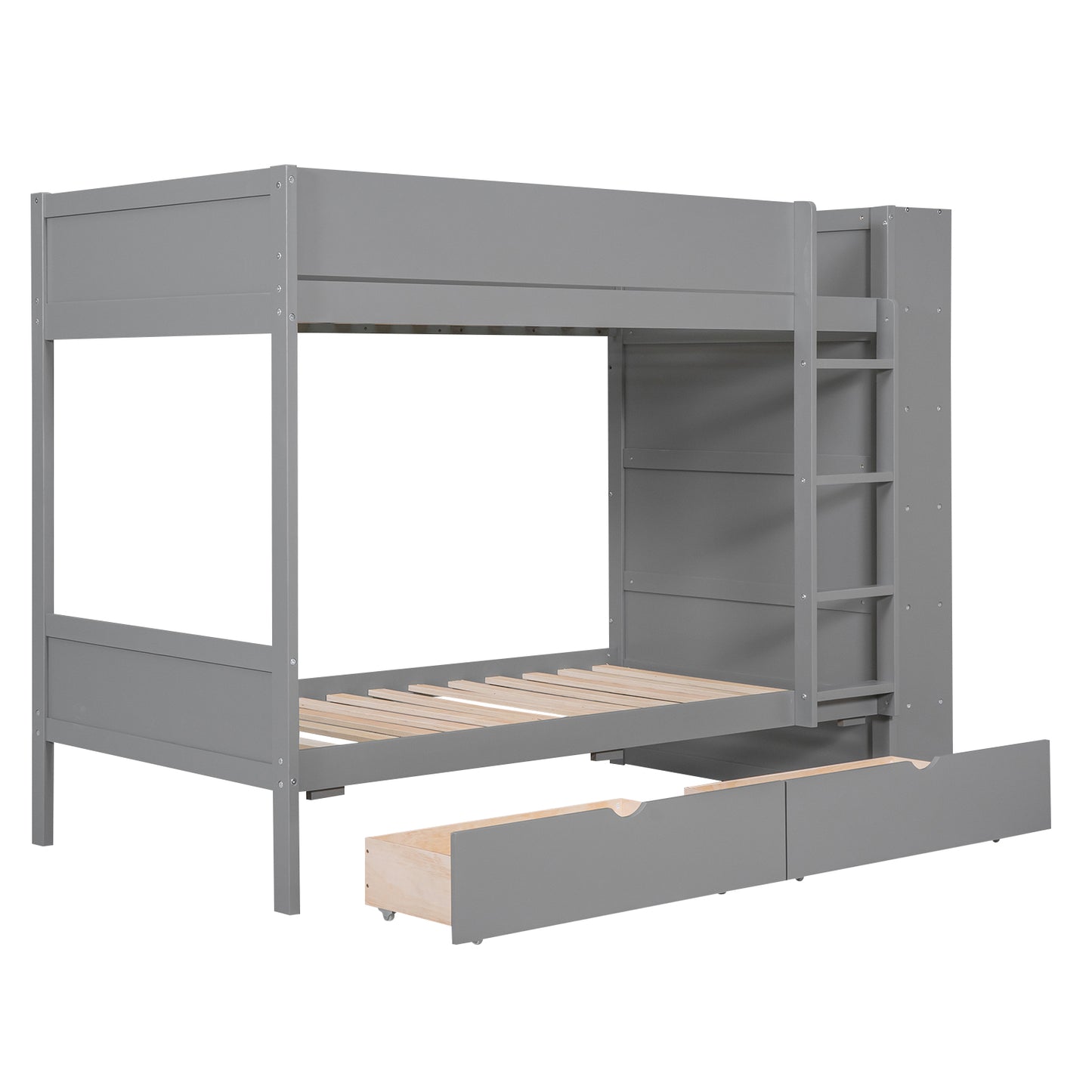 Gray wooden bunk bed with slideout trundle drawers
