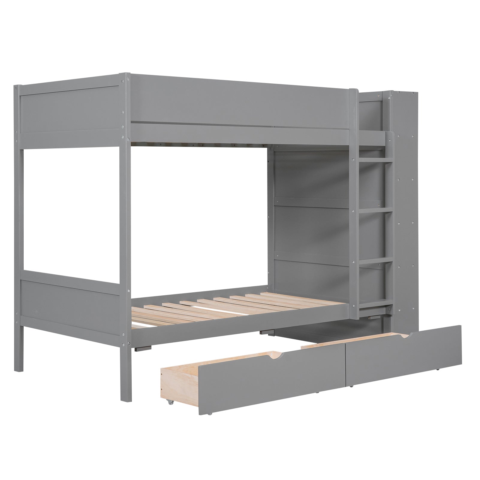 Gray wooden bunk bed with slideout trundle drawers