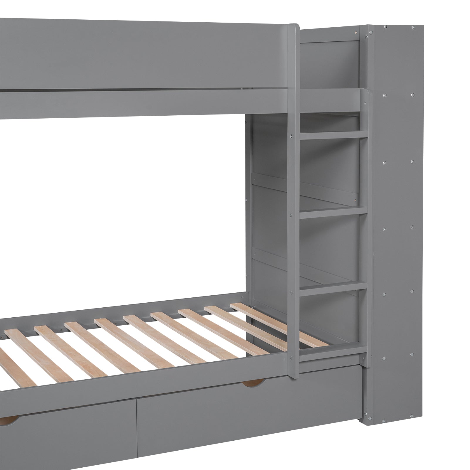 Grey wooden bunk bed with integrated ladder and storage drawers