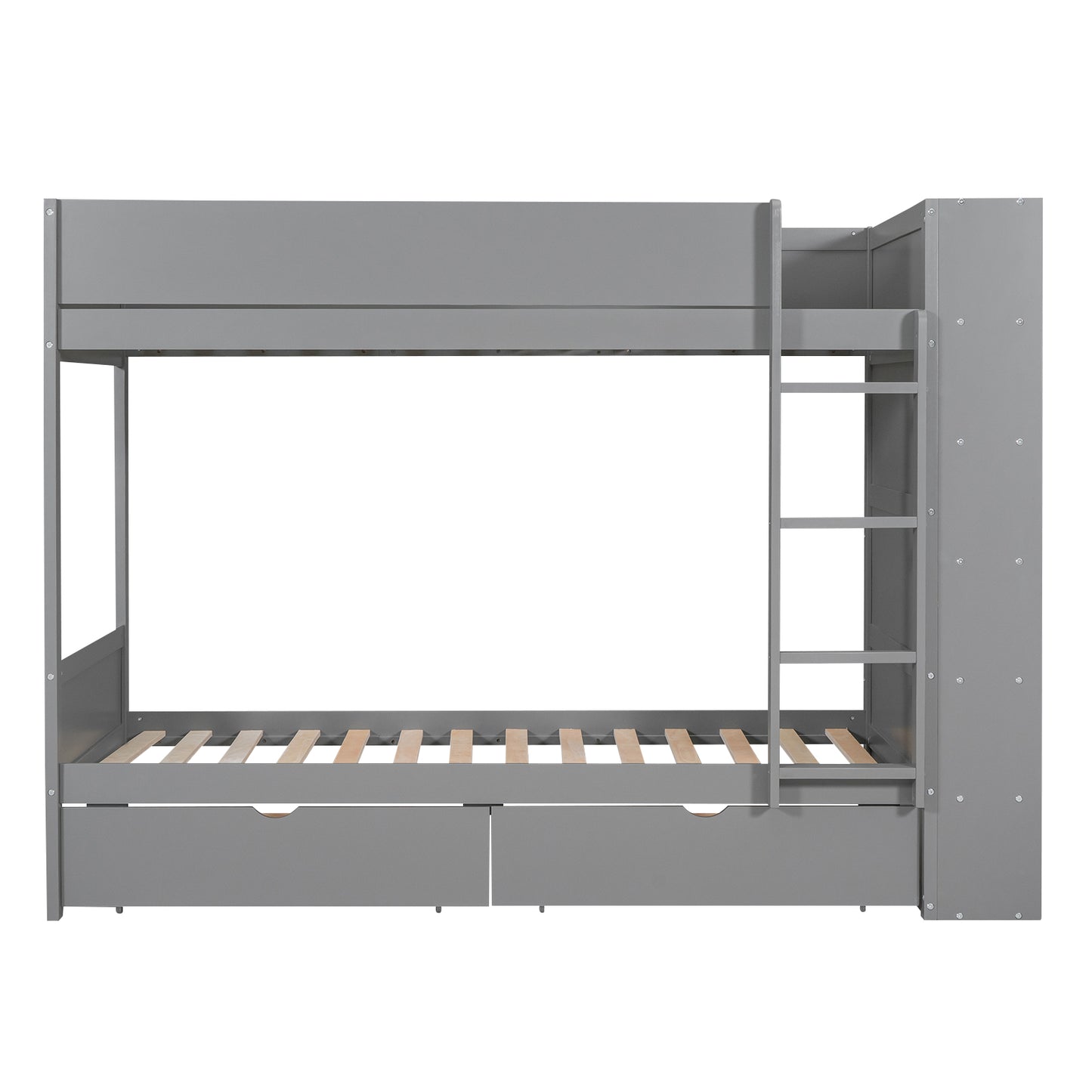 Gray wooden bunk bed with ladder and two builtin drawers