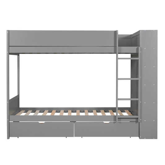 Gray wooden bunk bed with ladder and two builtin drawers