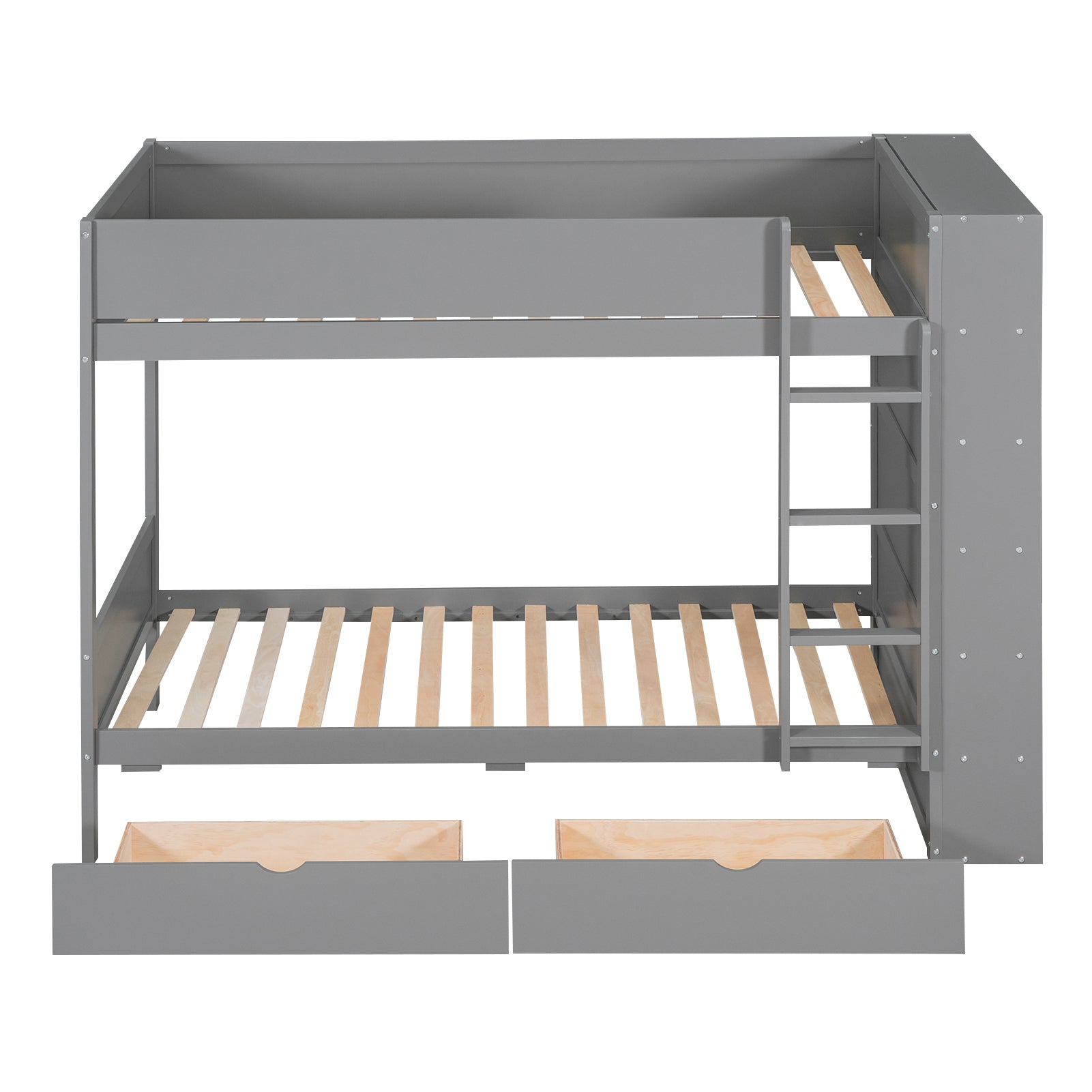 Gray wooden bunk bed with drawers for kids